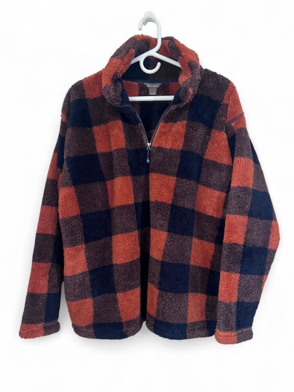Eddie Bauer Teddy Sherpa Fleece Women XL Plush 1/4 Zip Pullover Plaid Jacket